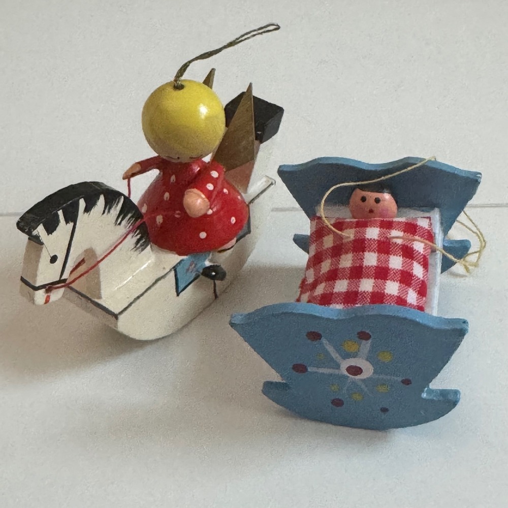 Vintage 1975 Wooden Christmas Ornaments Angel Rocking Horse Baby Cradle Set of 2